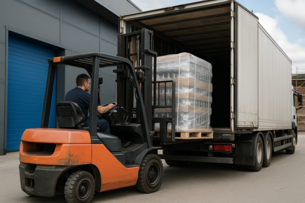 Forklift loading shrink-wrapped pallet of fasteners into an export truck at Prime’s warehouse dock.
