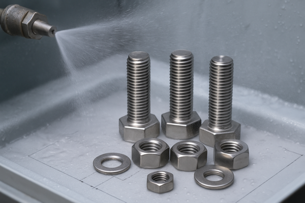 Stainless steel bolts, nuts, and washers being sprayed with mist inside a salt spray chamber for corrosion resistance testing.