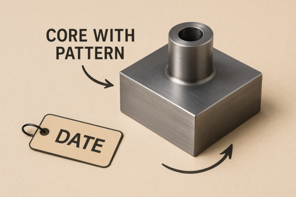 High-resolution photograph of a machined steel core insert with a cylindrical feature on top of a square block. Beside it is a date label tag and sketch-style arrows for annotation. Image ratio 3:2, realistic metallic textures, no text overlays or people.