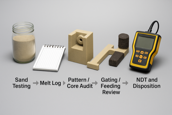 High-resolution photograph showing a five-step diagnostic workflow for foundry quality control. The sequence includes: sand testing (jar of foundry sand), melt log (notepad), pattern/core audit (sand core block), gating/feeding review (sprue and riser elements), and NDT with disposition (handheld ultrasonic testing device). Image ratio 3:2, industrial context, no people or extra text.