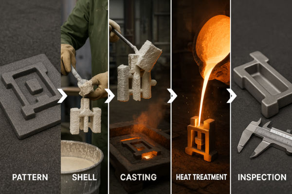 Stainless steel casting process in a foundry, showing stages from pattern making, ceramic shell coating, molten metal pouring, heat treatment, to final inspection of the finished part.