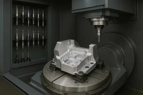 Five-axis CNC machining unit with zero-point pallet system, standardized tool magazine, and spindle probe inspecting a workpiece.
