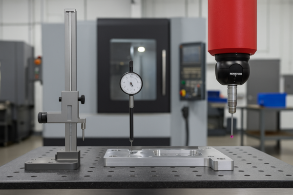 Inline metrology setup inside a CNC unit with height gauge, bore gauge, and probe system measuring a machined metal part on a granite table.