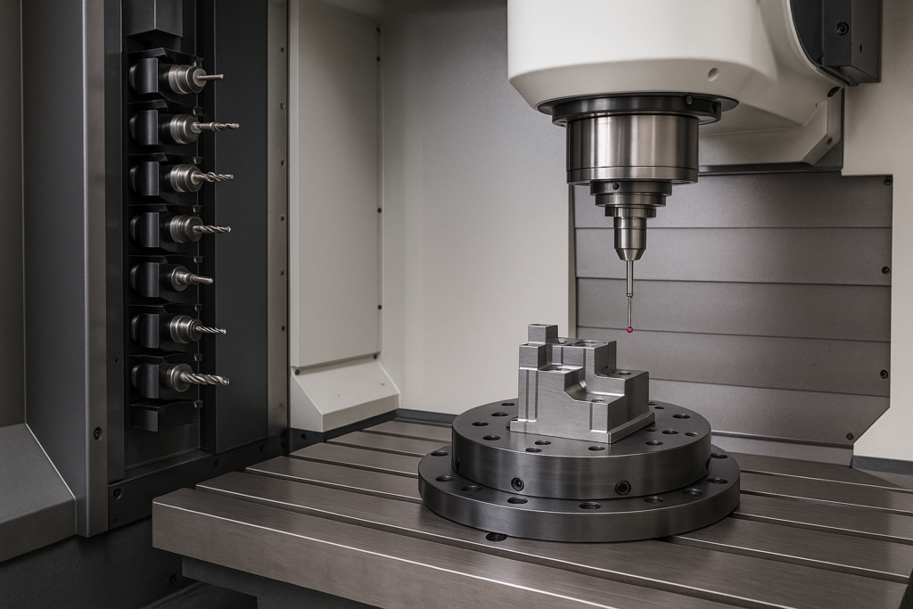 Five-axis CNC machining unit with zero-point pallet, standardized tool magazine, and active probing macro measuring a metal workpiece.