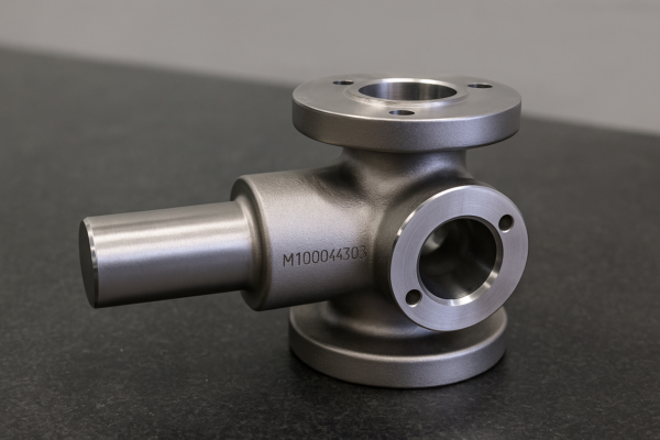 A forged stainless steel valve body with smooth surfaces and laser-etched serial number resting on a black inspection table.