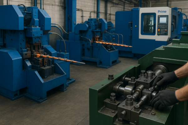 High-resolution image of a Prime workshop showing multi-line custom metal fastener production with cold rolling, forging, and CNC units; operator’s gloved hands adjusting mold assembly on a green machine.