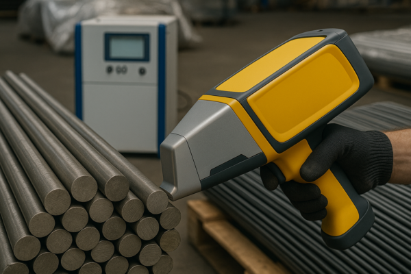 High-resolution image of a Prime spectrometer test at the receiving dock, verifying alloy composition of incoming bar stock and steel wire rods for ISO traceability.