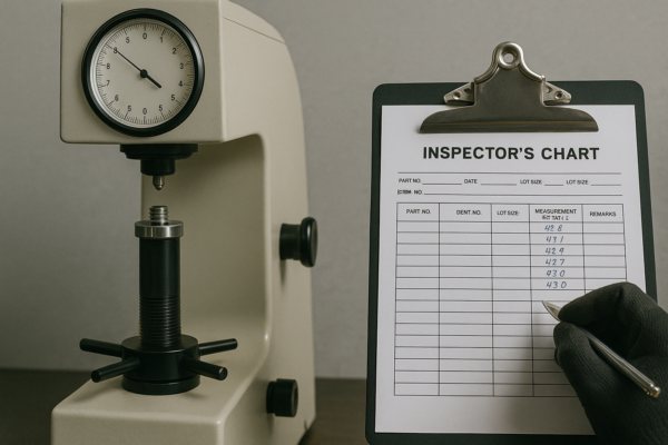 High-resolution image of Rockwell hardness testing for custom metal fasteners, with scale verification equipment and results recorded in ISO-compliant format.