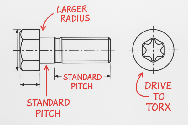 High-resolution technical drawing of a custom metal fastener with DFM review annotations in red, indicating standard pitch, larger radius, and drive change to Torx.