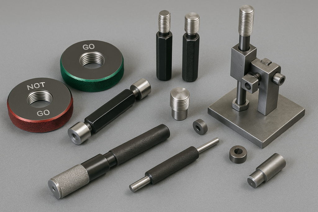 High-resolution image of QC gauges for custom metal fasteners, including thread plug gauges, ring gauges, torque tools, and a tension fixture on an inspection bench.