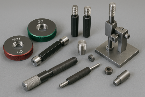 High-resolution image of QC gauges for custom metal fasteners, including thread plug gauges, ring gauges, torque tools, and a tension fixture on an inspection bench.