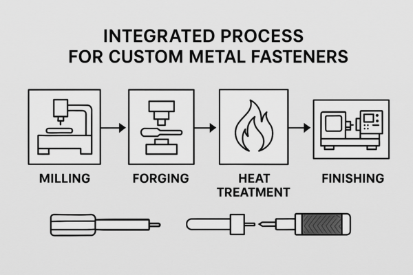 High-resolution process layout diagram for custom metal fasteners, showing integrated workflow of milling, forging, heat treatment, and finishing.