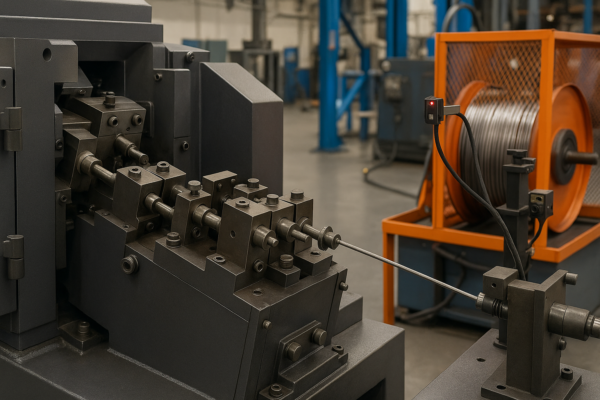 High-resolution image of a cold heading wire line for custom metal fasteners, showing a multi-module progressive header with inline wire spool rolling and optical sensors.