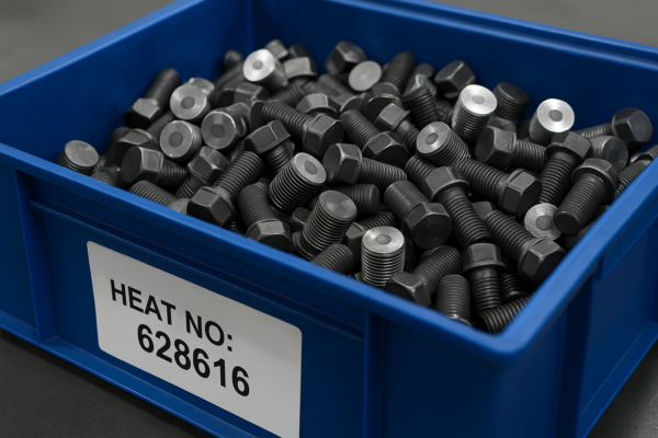 High-resolution image of a finished parts bin containing custom metal fasteners with machined heads and threaded shafts; labeled with heat lot values.