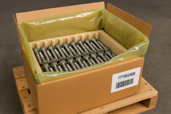 High-resolution image of export-ready packaging for custom metal fasteners, showing VCI inner bag, foam inserts, barcode label, and pallet arrangement before container loading.