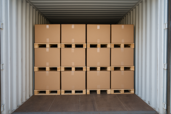 High-resolution image of a container loading plan for custom metal fasteners, showing optimized cube arrangement with secured pallets prepared for sea freight.