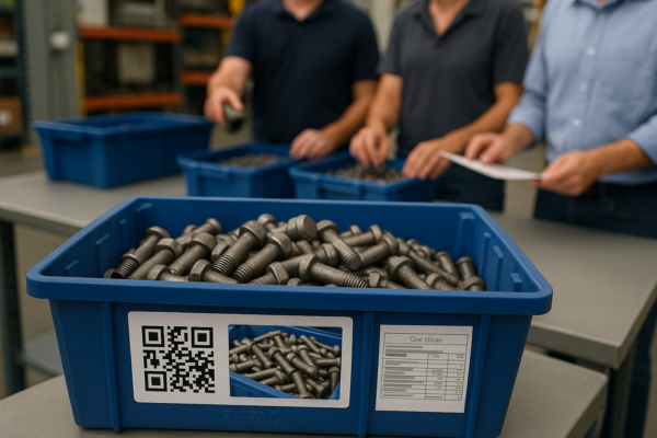 High-resolution image of a receiving area for custom metal fasteners, showing scan-to-bin workflow with QR codes linked to certificates and photos, supporting verification of counts.