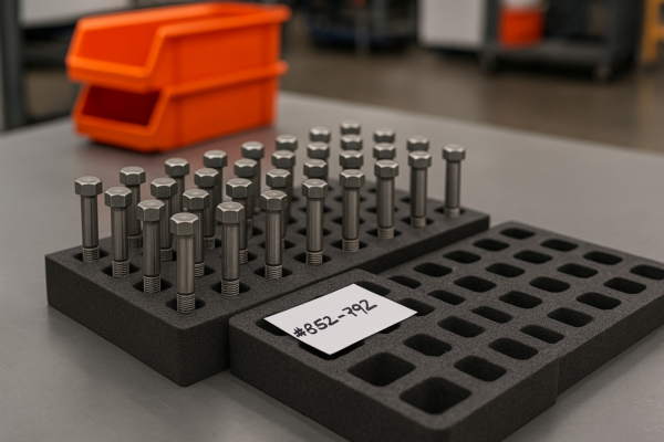 High-resolution image of a production line ready kit for custom metal fasteners, with foam trays holding marked batches prepared for direct issue to assembly units.