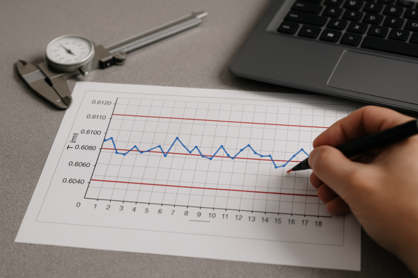 High-resolution image of in-process SPC for custom metal fasteners, showing a control chart with trends staying within head diameter limits, updated during inspection.