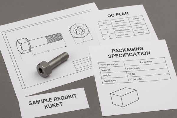High-resolution image of a buyer toolkit for custom metal fasteners, showing a sample RFQ package with technical drawing, QC plan, packaging specification sheet, and a sample fastener.