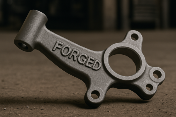 High-resolution forged automotive part with visible mounting holes and “FORGED” label on the surface.A forged automotive steering knuckle displayed on an industrial concrete floor. The dark matte-finish metal component features precision-machined holes and embossed "FORGED" lettering, with a softly lit workshop background highlighting its structural detail and texture.