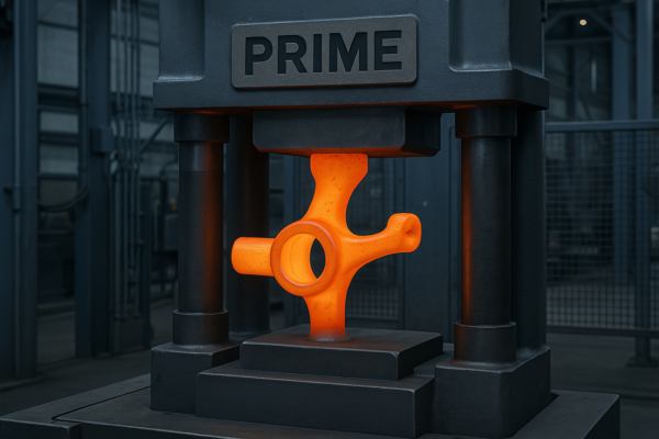Precision forging process of a complex metal part inside Prime’s advanced manufacturing facility