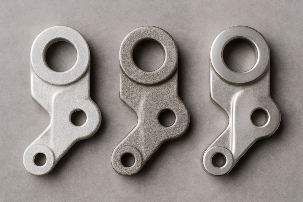 High-resolution comparison image of three cast metal parts—aluminum, zinc, and stainless steel—arranged side by side to show texture and finish differences.