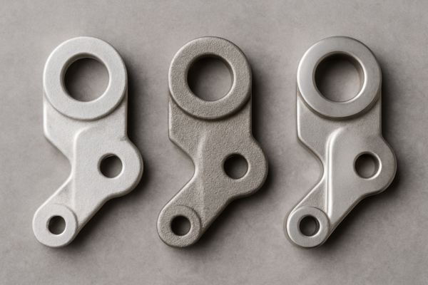 High-resolution comparison image of three cast metal parts—aluminum, zinc, and stainless steel—arranged side by side to show texture and finish differences.