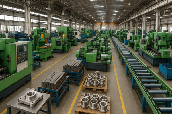 High-resolution image of a modern metal processing facility with CNC machines, roller conveyors, and precision parts in a clean, well-lit environment.