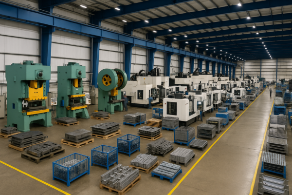 A high-resolution image of Prime's advanced stamping and CNC workshop, featuring multiple green and yellow stamping presses alongside white CNC machines, organized in a spacious and brightly lit factory with blue steel beams and yellow safety walkways.