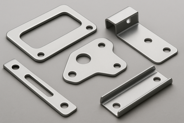 A set of five precision-stamped metal components displayed on a gray background, featuring tight tolerances, smooth surfaces, and burr-free edges.