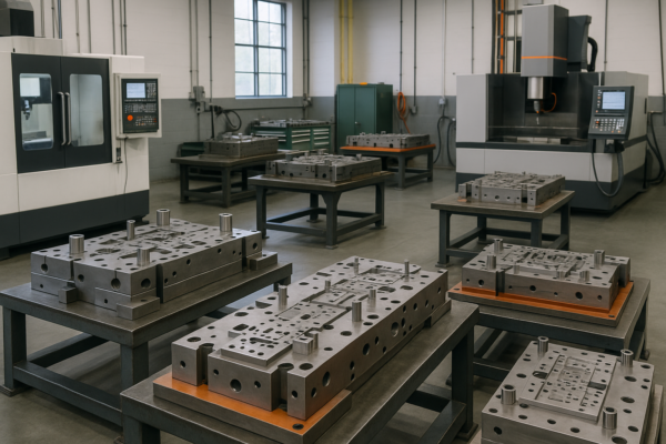 A high-resolution image of Prime’s mold workshop, equipped with CNC and EDM machines and multiple progressive and stage dies on sturdy workbenches, all without any personnel present.