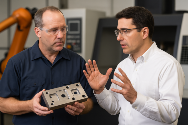 Prime's technical and customer teams collaborating in a modern factory, discussing a metal mold part in front of industrial equipment.