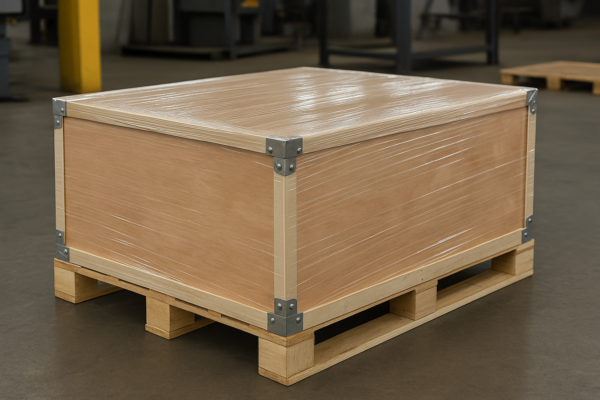 A durable export wooden crate wrapped in waterproof and rust-resistant plastic film, secured on a sturdy pallet for global shipment.