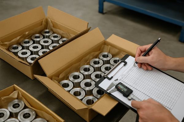 A quality control inspection scene showing boxed metal components being measured and documented on a clipboard with a digital caliper before shipment.