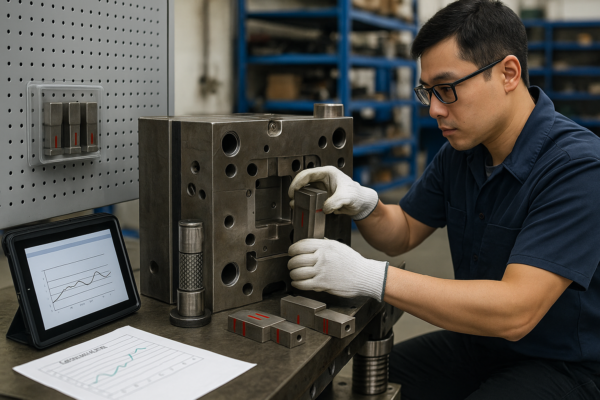 High-resolution 3:2 image of an Asian technician in a navy work shirt and safety gloves replacing a modular insert in a large industrial mold, with a tablet displaying mold hit counter data, a lubrication chart, and a marked insert kit nearby, all in a well-organized maintenance workshop.