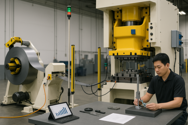 High-resolution 3:2 image of a Prime progressive die stamping unit with coil reel, straightener, servo feeder, 200-ton press, light safety curtain, and in-die sensors, featuring an Asian operator at a nearby QC workstation using a digital height gauge to inspect the first-off part, while the andon tower light displays green status.