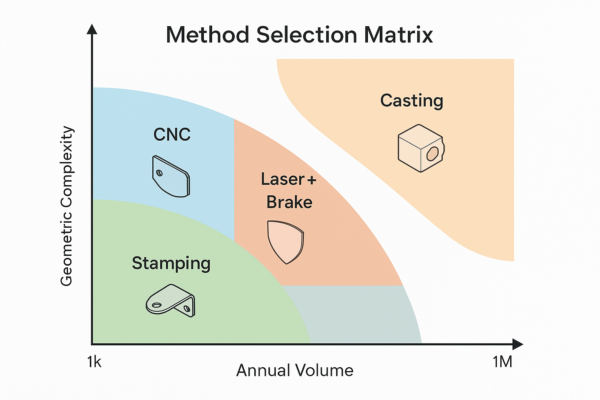 High-resolution 3:2 method selection matrix chart with X-axis showing annual volume from 1k to 1M and Y-axis showing geometric complexity, featuring color-coded sweet spot regions for stamping, CNC machining, laser + brake, and casting, along with example points for a bracket, shield, and thick housing.