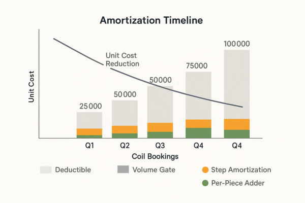 High-resolution 3:2 amortization timeline chart showing four quarterly volume gates with part quantities, overlaid line for unit cost reduction, and stacked bars for coil bookings. Legend indicates deductible, step amortization, and per-piece adder options.This high-resolution 3:2 digital chart visualizes an amortization timeline over four quarters. The X-axis represents time in quarters (Q1–Q4), with each quarter marked as a volume gate showing part quantities. Bars represent coil bookings, divided into segments for deductible, step amortization, and per-piece adder costs. A smooth line overlay illustrates the declining unit cost trend over time. The legend at the bottom uses distinct colors to clearly differentiate cost categories, resulting in a clean, professional visualization.