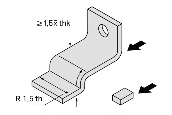 High-resolution 3:2 engineering guideline diagram of a bent sheet metal bracket showing internal radius equal to or greater than material thickness, hole-to-edge distance at least 1.5 times thickness, defined corner protrusion, single piercing initial reference point, and drill direction arrows away from mating surface, with clear dimension lines and arrowheads, no text.