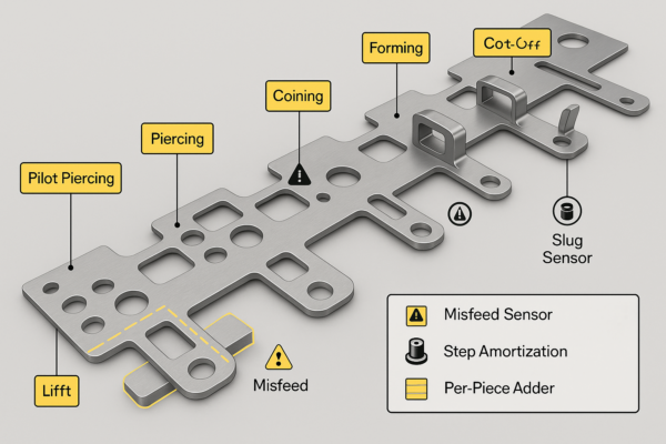 High-resolution 3D-rendered progressive die strip layout showing sequential stages—pilot piercing, piercing, coining, forming, in-die tapping, and cut-off—with carrier network and lift points highlighted, plus icons indicating misfeed sensors and slug sensors.