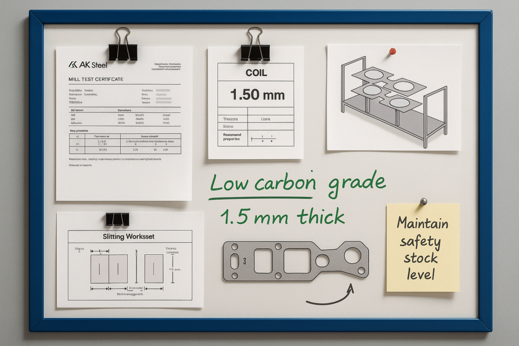 A metal planning board with a blue frame displays documents including a mill test certificate, coil identification tag, slitting worksheet, and rack layout diagram, along with engineer notes highlighting low carbon grade 1.5 mm thickness and a reminder to maintain safety stock levels.