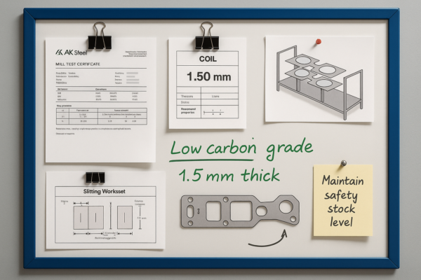 A metal planning board with a blue frame displays documents including a mill test certificate, coil identification tag, slitting worksheet, and rack layout diagram, along with engineer notes highlighting low carbon grade 1.5 mm thickness and a reminder to maintain safety stock levels.