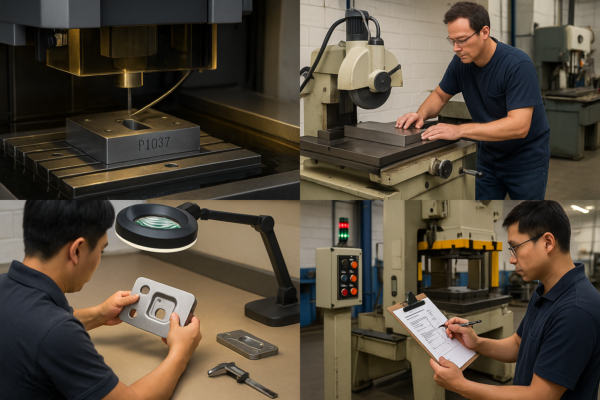 A composite of four high-resolution photographs depicting key processes in Prime’s tooling room, including EDM wire cutting a progressive die insert, a machinist surface grinding a stamping component, a technician inspecting an embossed test piece under a magnifying lamp, and a QC technician recording measurements near a 200-ton press.