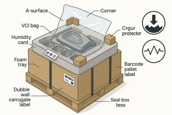 Isometric illustration of an export packaging unit showing an A-surface part in a foam tray, sealed with a VCI bag, corner protectors, a humidity card, barcode pallet label, and strapped double-wall cardboard box on a wooden pallet, with drop and vibration test icons.