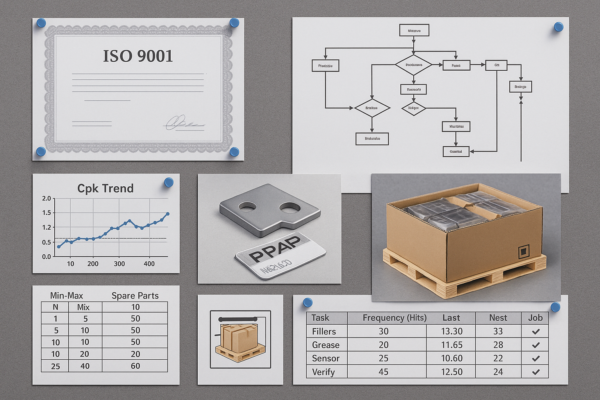 A high-resolution photograph showing a supplier audit checklist with various quality control documents, including an ISO 9001 certificate copy, process flow diagram, CPk trend chart, PPAP sample photo with part ID, packaging SOP snapshot, spare parts min-max inventory list, and a PM log based on hit counts.