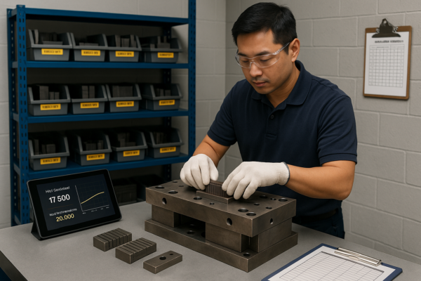 An Asian technician in a navy polo and safety glasses replaces an insert on a large industrial mold inside a clean, organized maintenance workshop, with a tablet displaying mold hit count data, neatly arranged labeled parts on shelves, and a lubrication checklist on the wall.