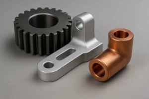 OEM metal parts including a steel gear, precision-machined bracket, and copper elbow fitting for industrial assemblies