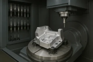 5-axis CNC machining center machining a precision aluminum housing on a rotary table fixture, with the tool magazine visible in the background.