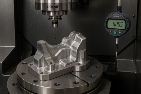 5-axis CNC machining unit at Prime with a custom metal component being processed, equipped with a precision probe and SPC dial indicator.